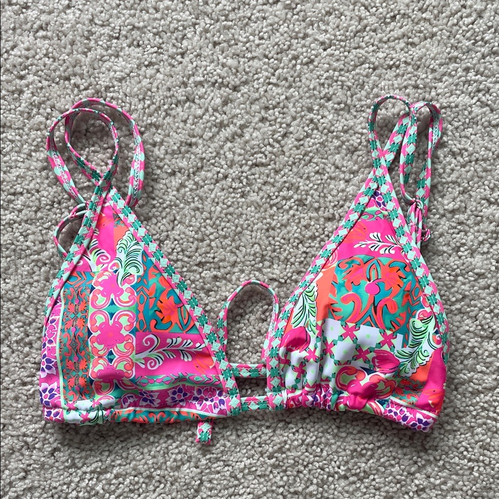 SHEIN Pink Green Orange Patterned Triangle Bikini Top